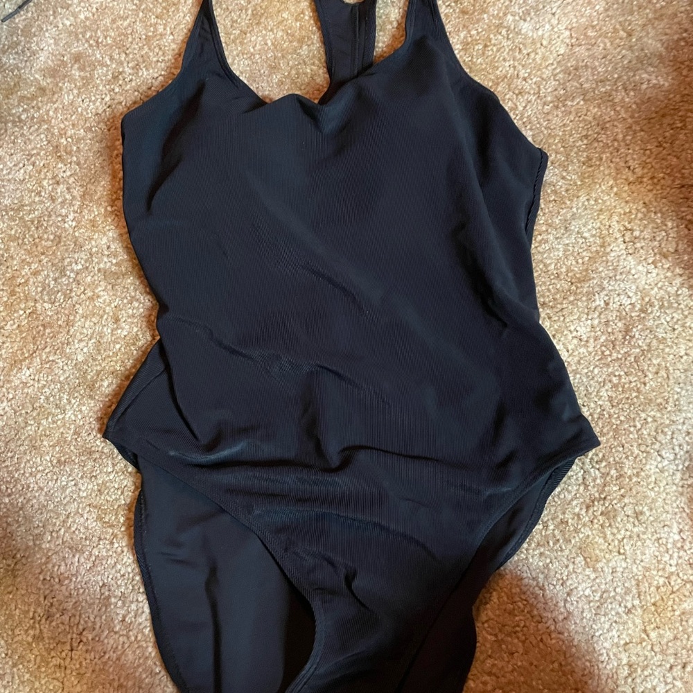 SPORTEK Black Ribbed Padded High Legs One Piece Racerback Swimsuit, Size 16